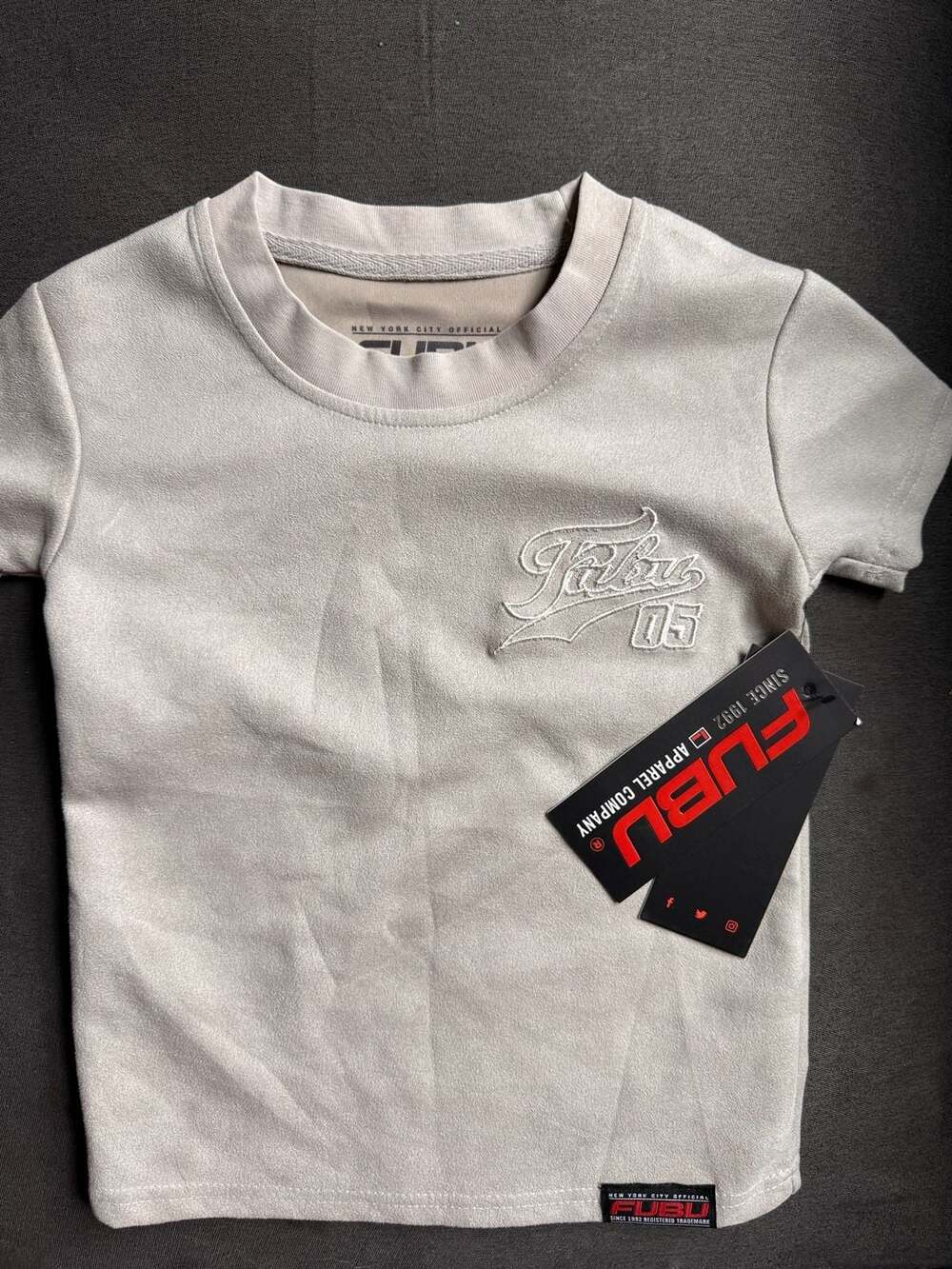 FUBU Embroidered Script Logo Suede Short Sleeve T-Shirt Stone Size 4